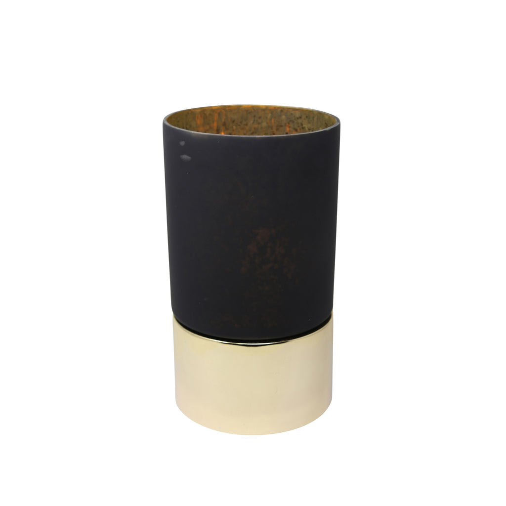 14" Glass Hurricane W/Metal Base, Black/Gold - ReeceFurniture.com