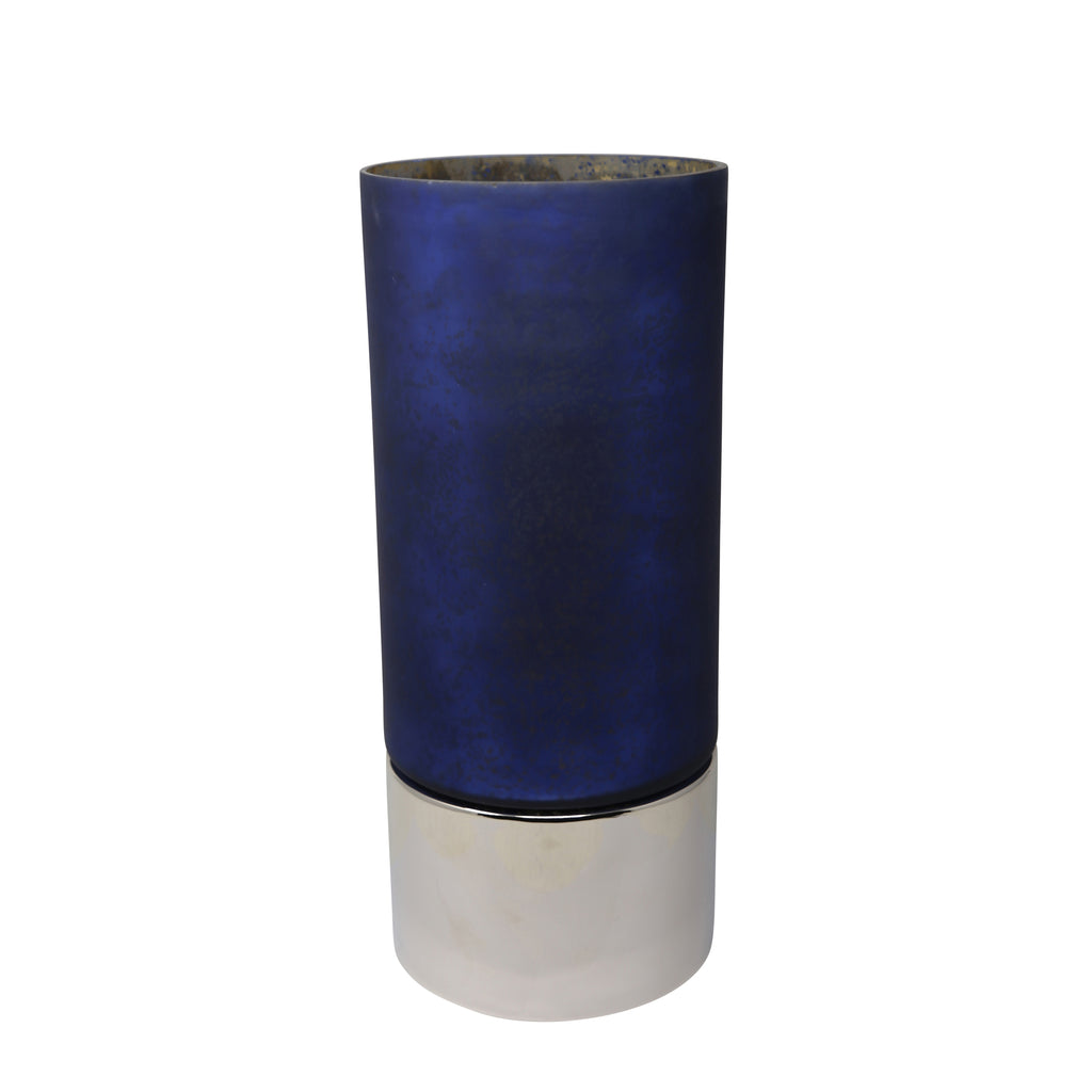 18.75" Glass Hurricane W/Metal  Base, Blue/Silver - ReeceFurniture.com