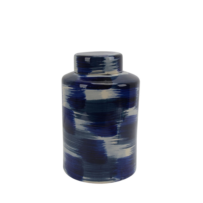 Ceramic Jar W/ Lid 13.5", White/Blue