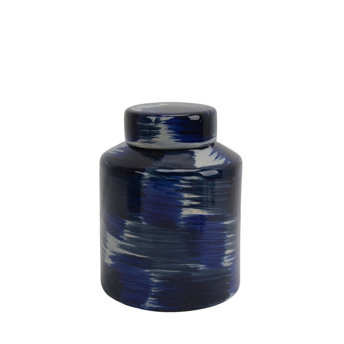 Ceramic Jar W/ Lid 9", White/Blue