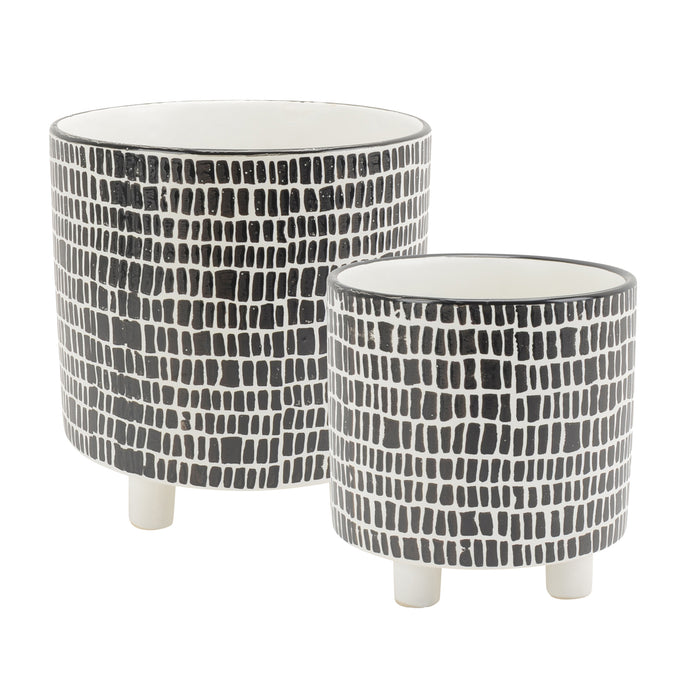 S/2 Geo Design Footed Planters, Black/White 9/6"