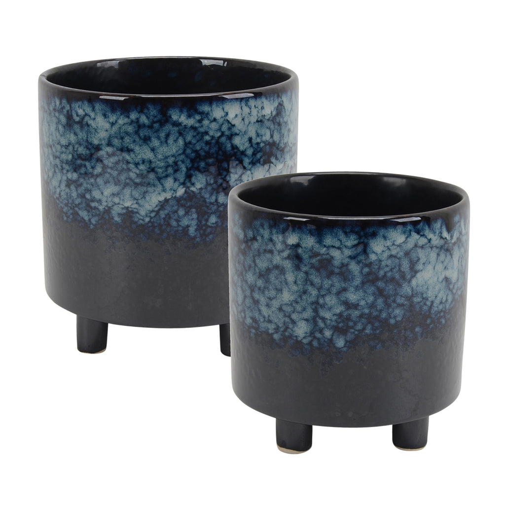 S/2 Ceramic Footed Planters 9"/6",Blue - ReeceFurniture.com