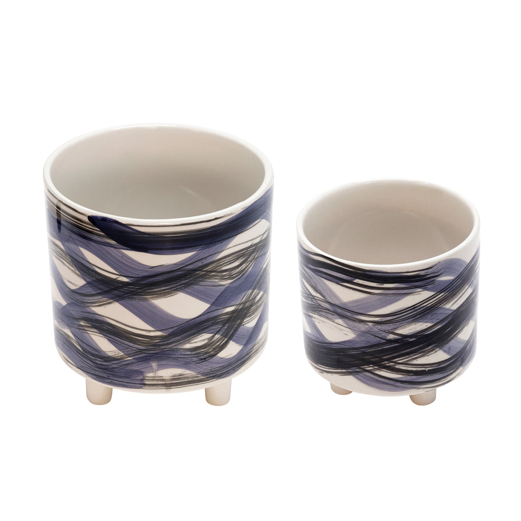 S/2 Footed Planters 9/6", Abstract Blue - ReeceFurniture.com