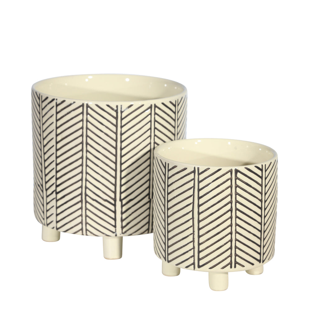 S/2 Footed Planters 9/6", Abstract White - ReeceFurniture.com