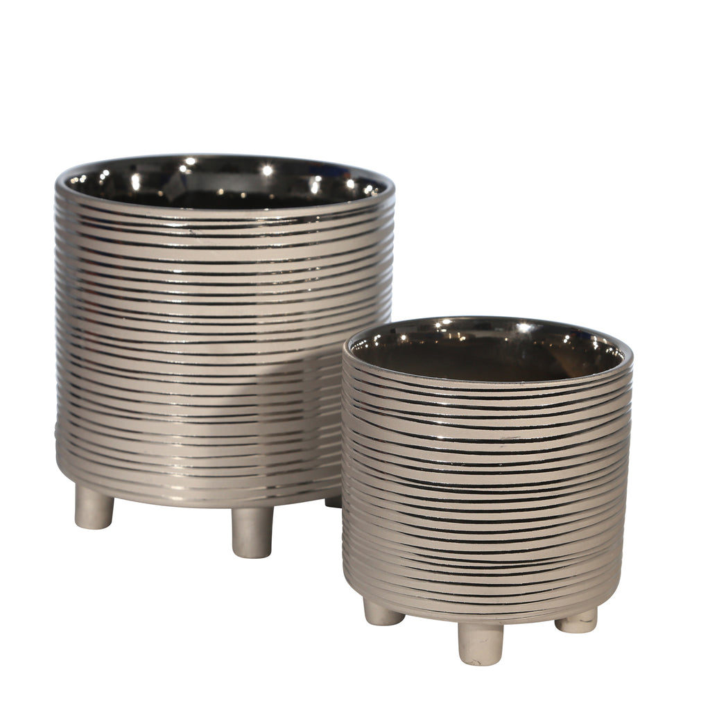 S/2 Footed Planters 9/6", Stripes, Silver - ReeceFurniture.com