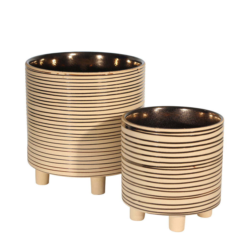 S/2 Footed Planters 9/6", Stripes, Gold - ReeceFurniture.com