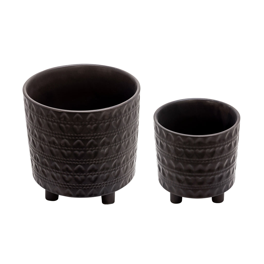 S/2 Footed Planters 9/6", Hearts, Matt Black - ReeceFurniture.com