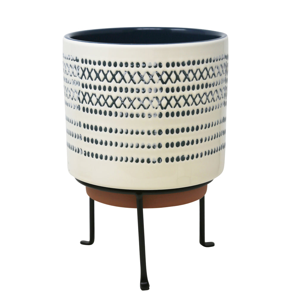Ceramic 9.5" Planter On Standblue Stripe - ReeceFurniture.com