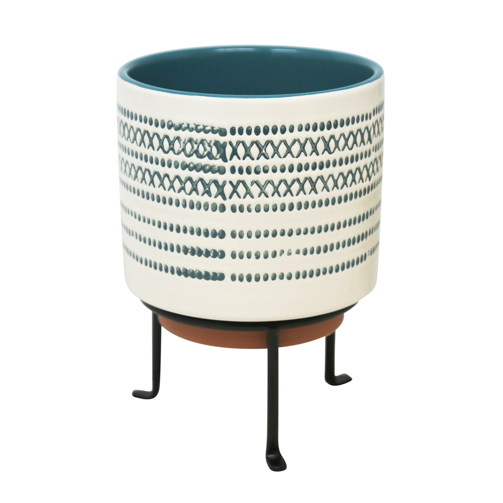 Ceramic 6.75" Planter On Stand Blue Stripe - ReeceFurniture.com