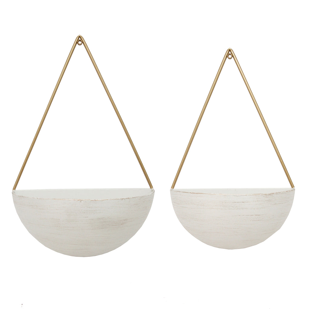 S/2 Metal Half Moon Wall Planters, White - ReeceFurniture.com