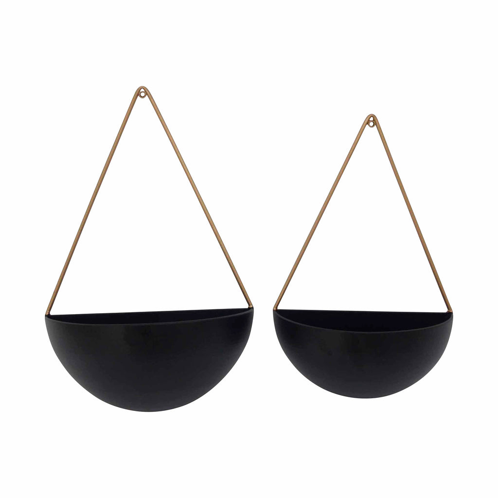 S/2 Metal Half Moon Wall Planters, Black - ReeceFurniture.com