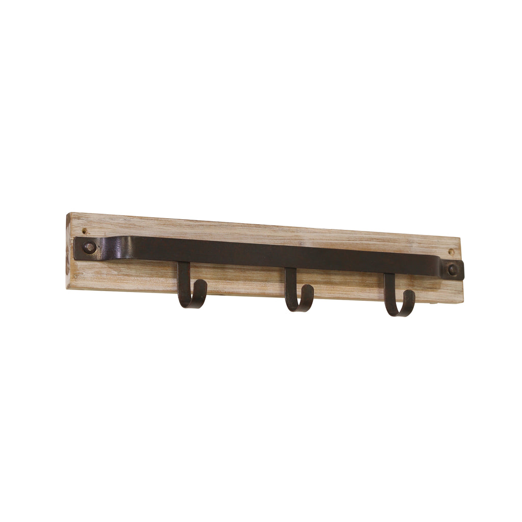 Metal & Wood 3 Hook Wall Hanger, White - ReeceFurniture.com