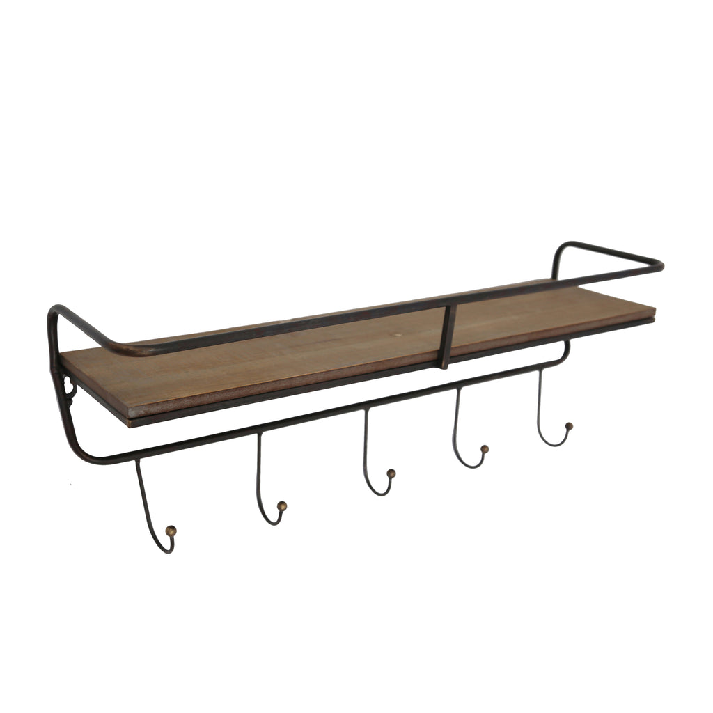 Metal/ Wood, 24.25" 5  Hook Wall Shelf/ Brown - ReeceFurniture.com