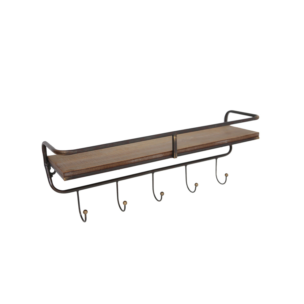 Metal/ Wood, 19.5" 5  Hook Wall Shelf/ Brown - ReeceFurniture.com