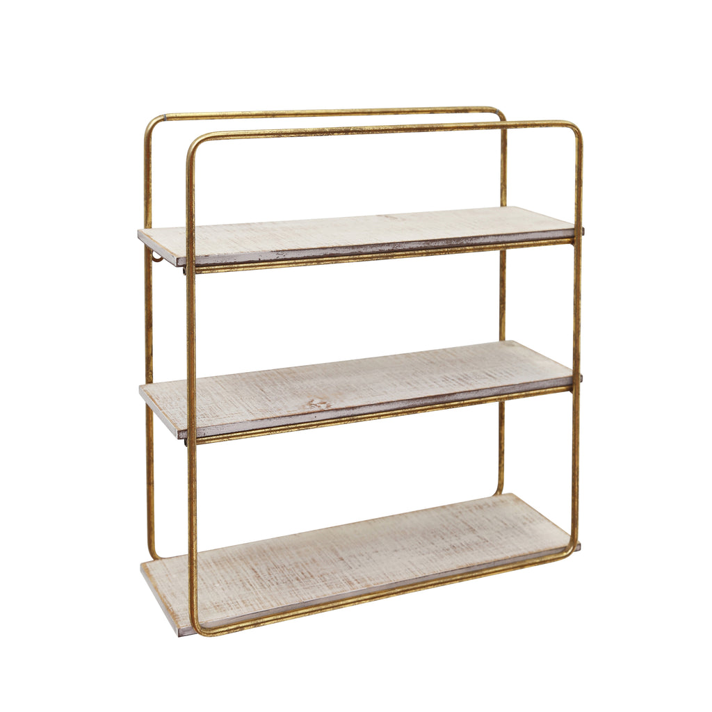 Metal / Wood 3 Tier Wall Shelf, Gold - ReeceFurniture.com