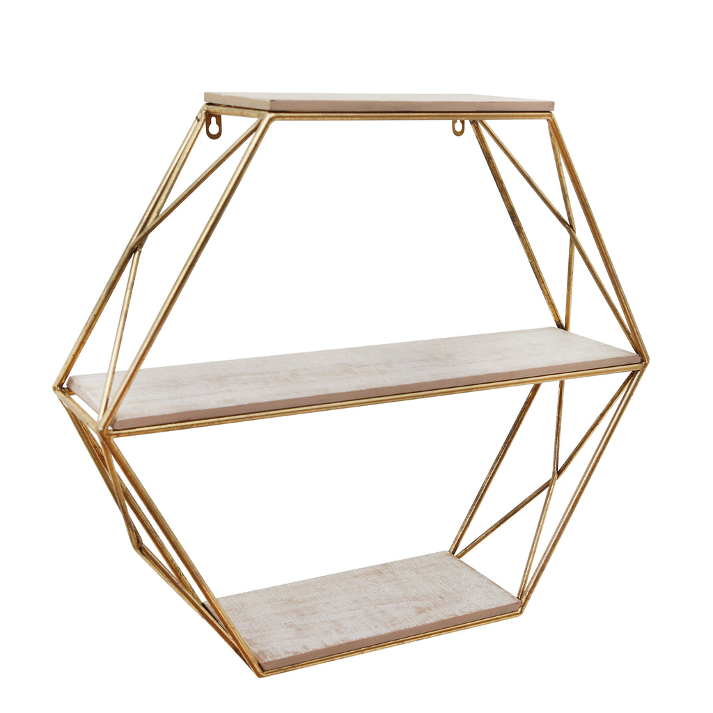 Metal / Wood 3 Tier Hexagon Wall Shelf, Gold - ReeceFurniture.com