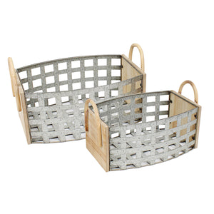 S/2 Tin & Wood Woven Baskets,  Gray - ReeceFurniture.com