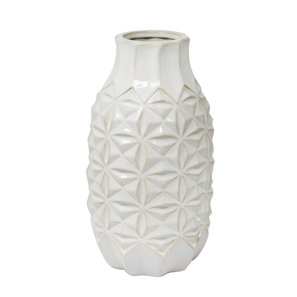 Ceramic 12" Geo Vase, Ivory - ReeceFurniture.com