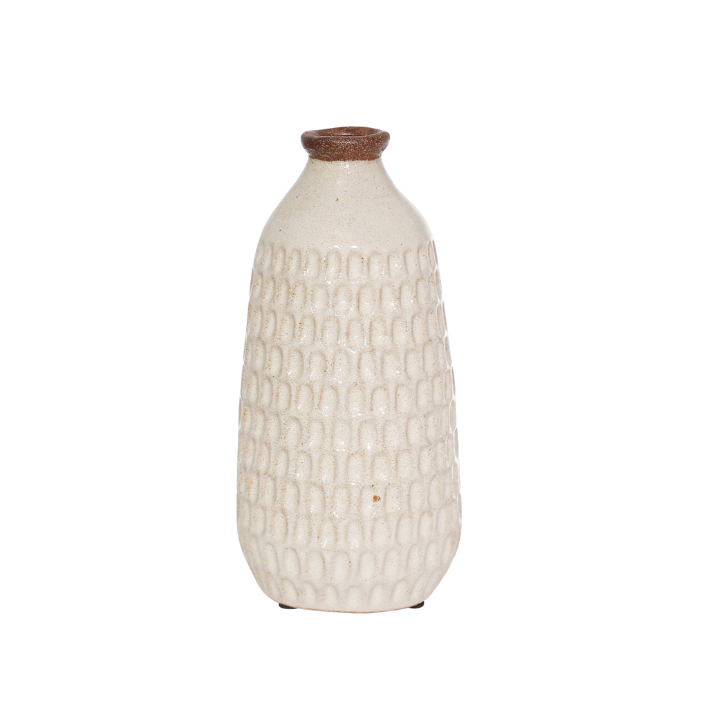 Ceramic 9.25" Hammered Vase, I  Ivory - ReeceFurniture.com