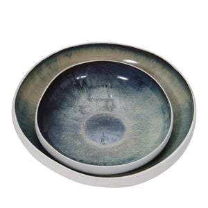 S/2 Ceramic Bowls 12/15", White/Green - ReeceFurniture.com
