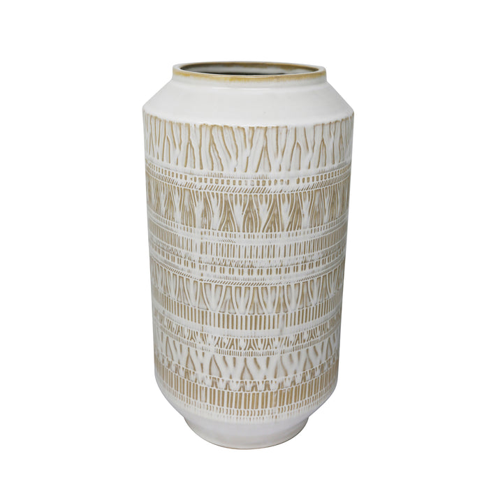 Ceramic 13.75" Tribal Look Vase, Beige