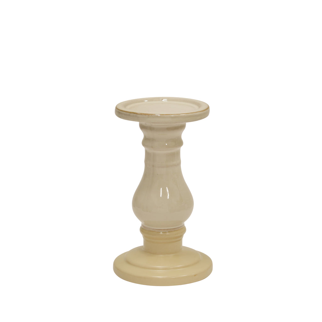 Ceramic 8" Candle Holder , White / Beige - ReeceFurniture.com