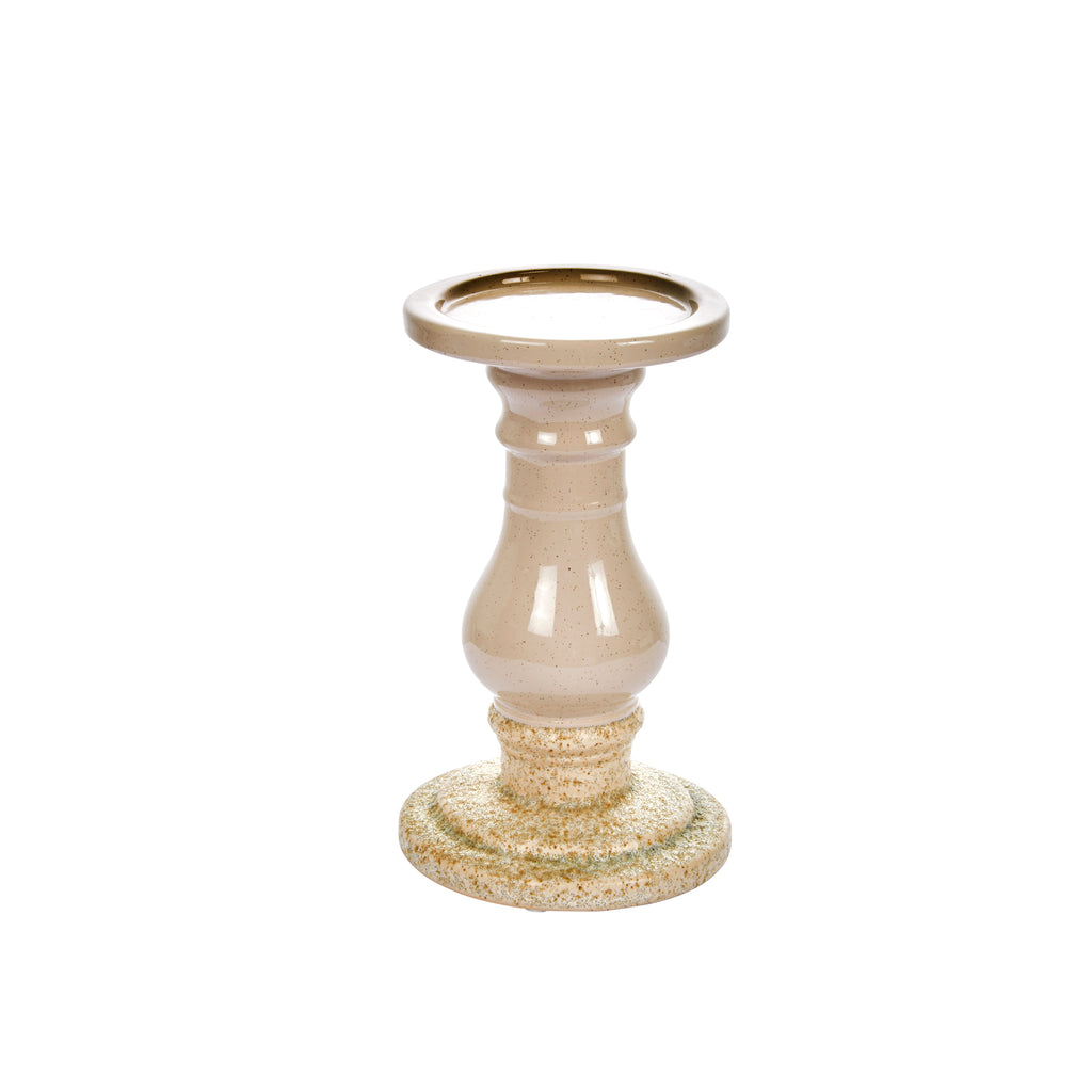 Ceramic 8" Candle Holder, Beige / White - ReeceFurniture.com