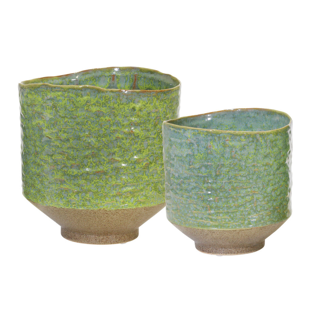 S/2 Ceramic Planters 8"/6.5" ,  Sage Green - ReeceFurniture.com