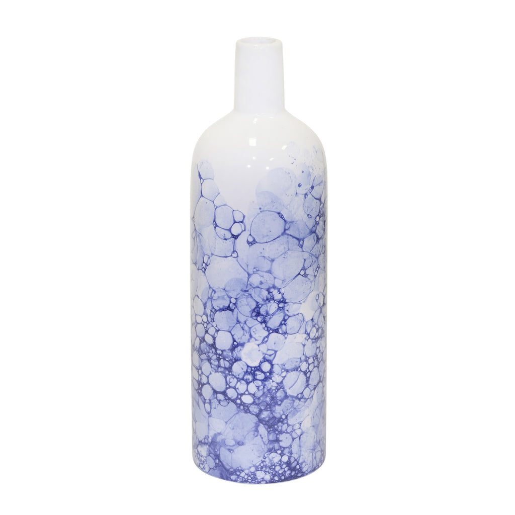 Ceramic 12" Bottle Vase, White/ Blue - ReeceFurniture.com
