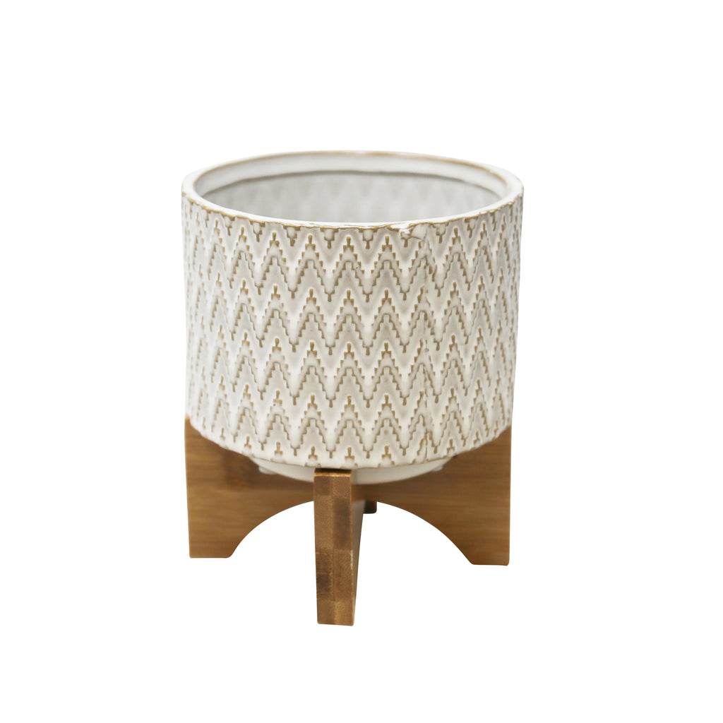 Ceramic 7" Planter On Stand, White/Tan - ReeceFurniture.com