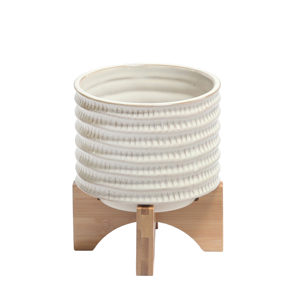 Ceramic  7" Flower Pot W/ Wooden Stand - ReeceFurniture.com