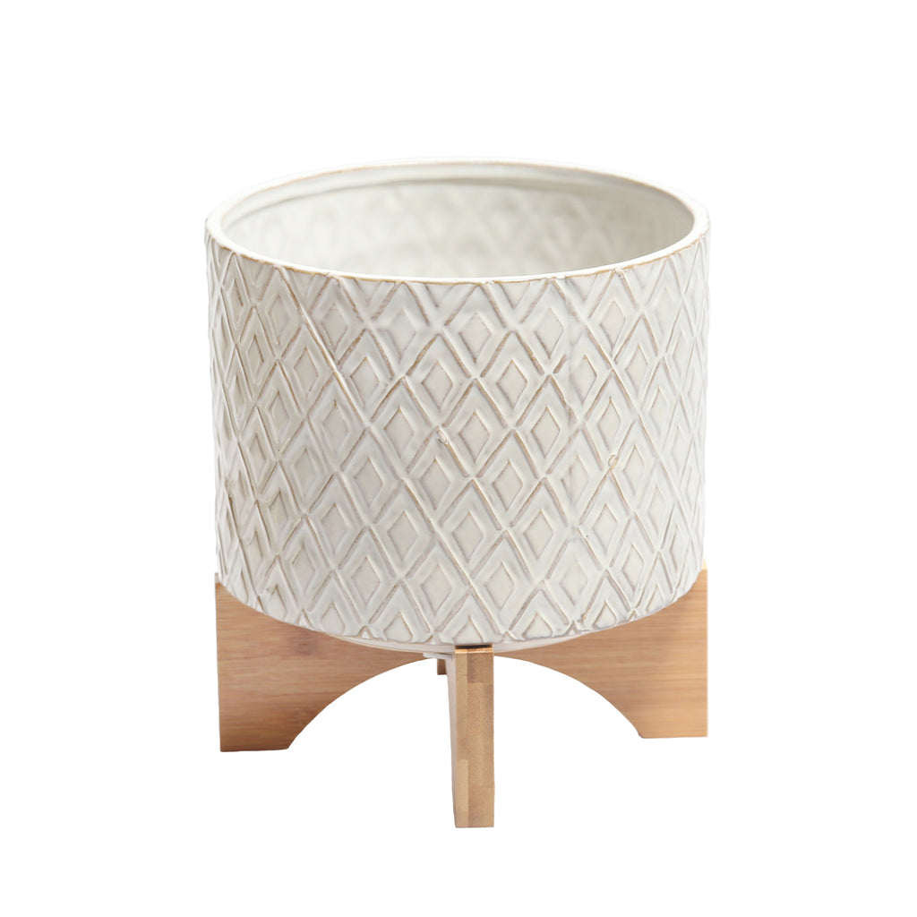 Ceramic 9" Flower Pot W/  Wooden Stand - ReeceFurniture.com