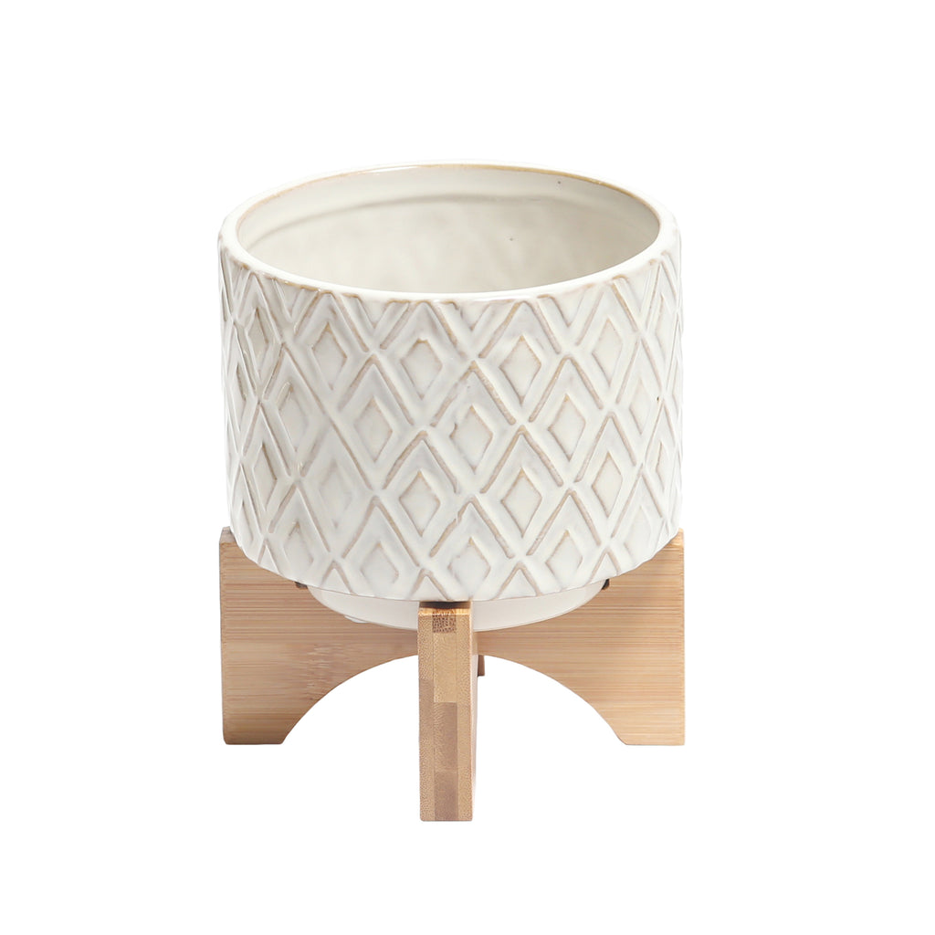 Ceramic 7" Flower Pot W/ Wooden Stand - ReeceFurniture.com