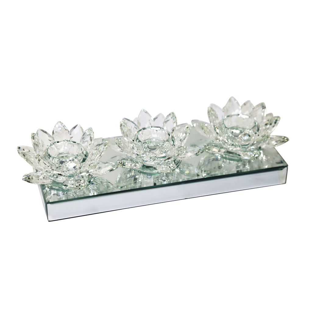 Triple Lotus Tealight Holderon Mirror Base,Clear - ReeceFurniture.com
