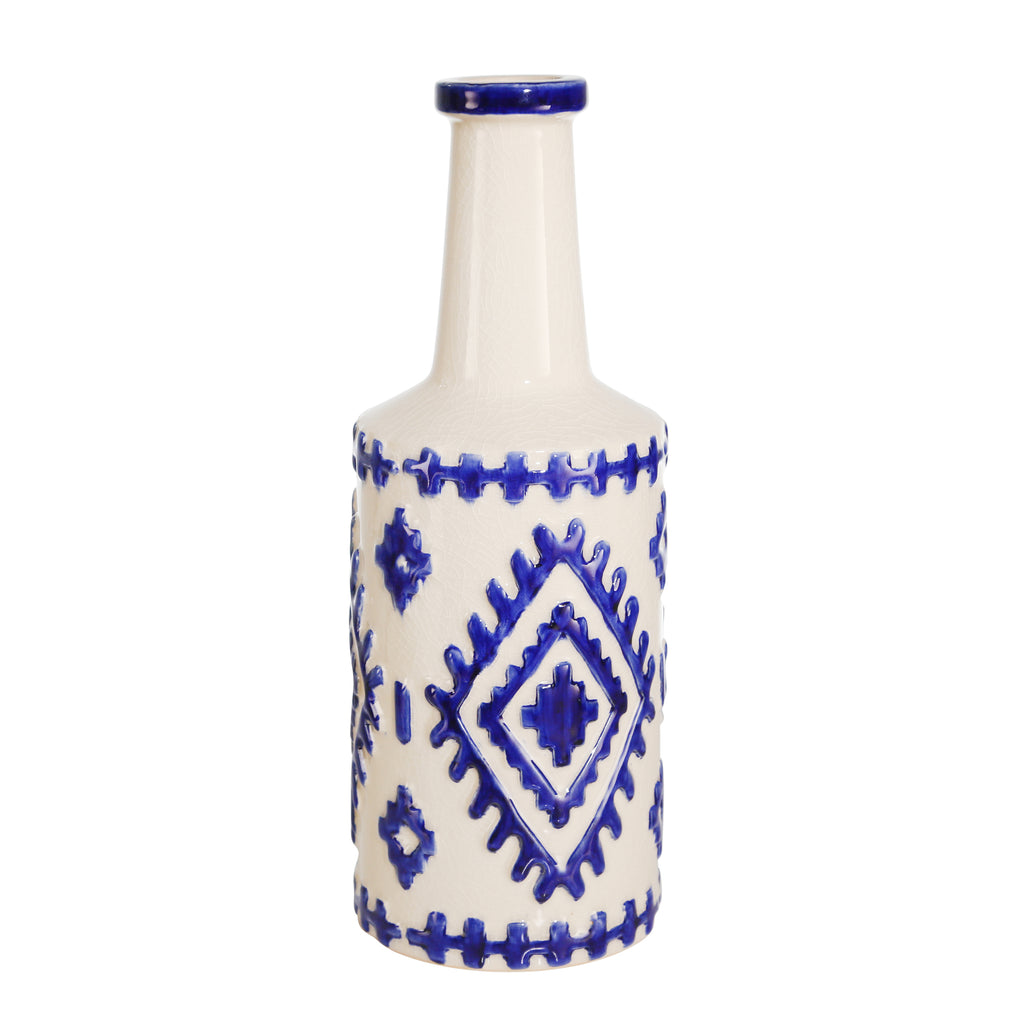 Ceramic Bottle Vase, 14.5" White/Blue - ReeceFurniture.com