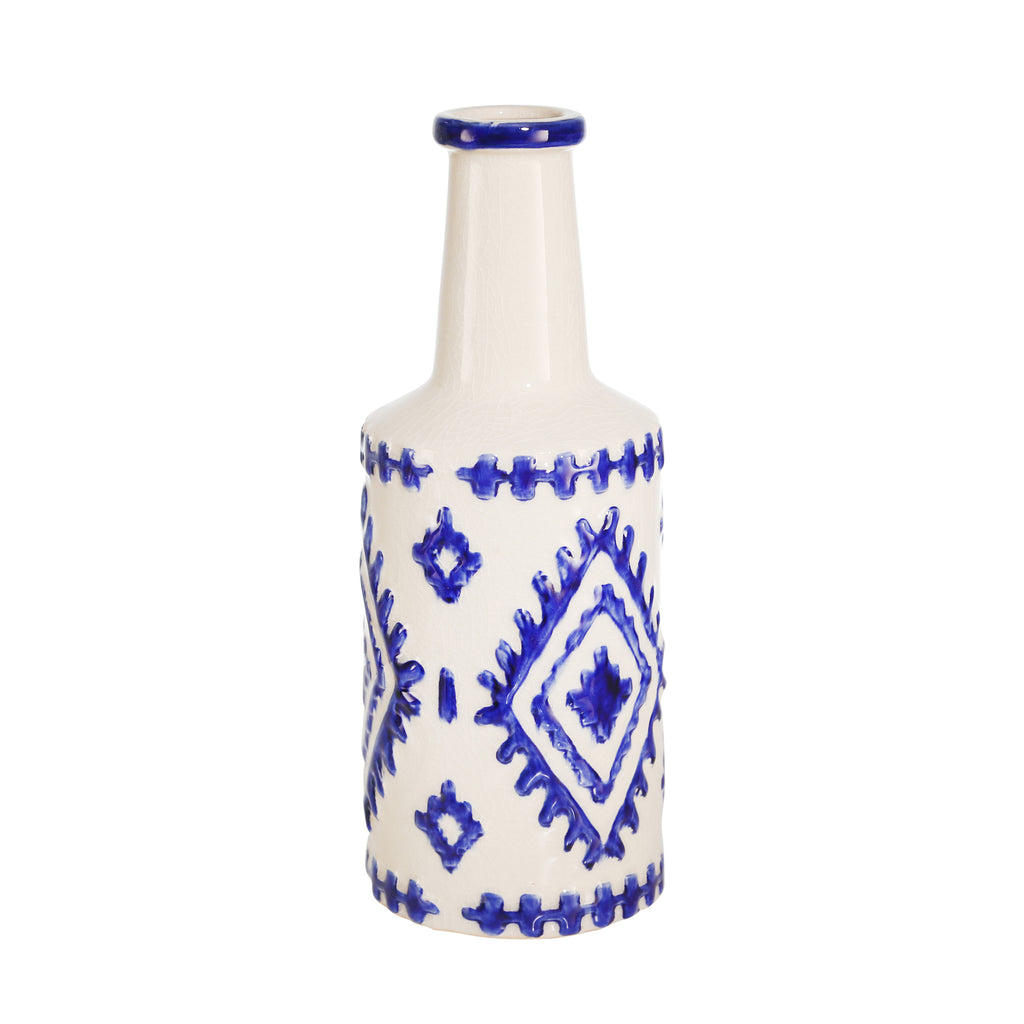 Ceramic Bottle Vase, 12.5" White/Blue - ReeceFurniture.com