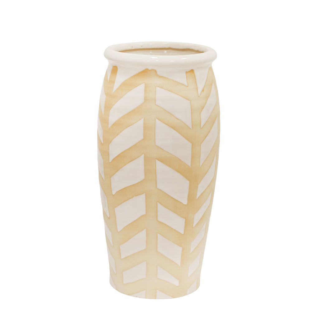 Ceramic Chevron Vase 14", White/Beige - ReeceFurniture.com