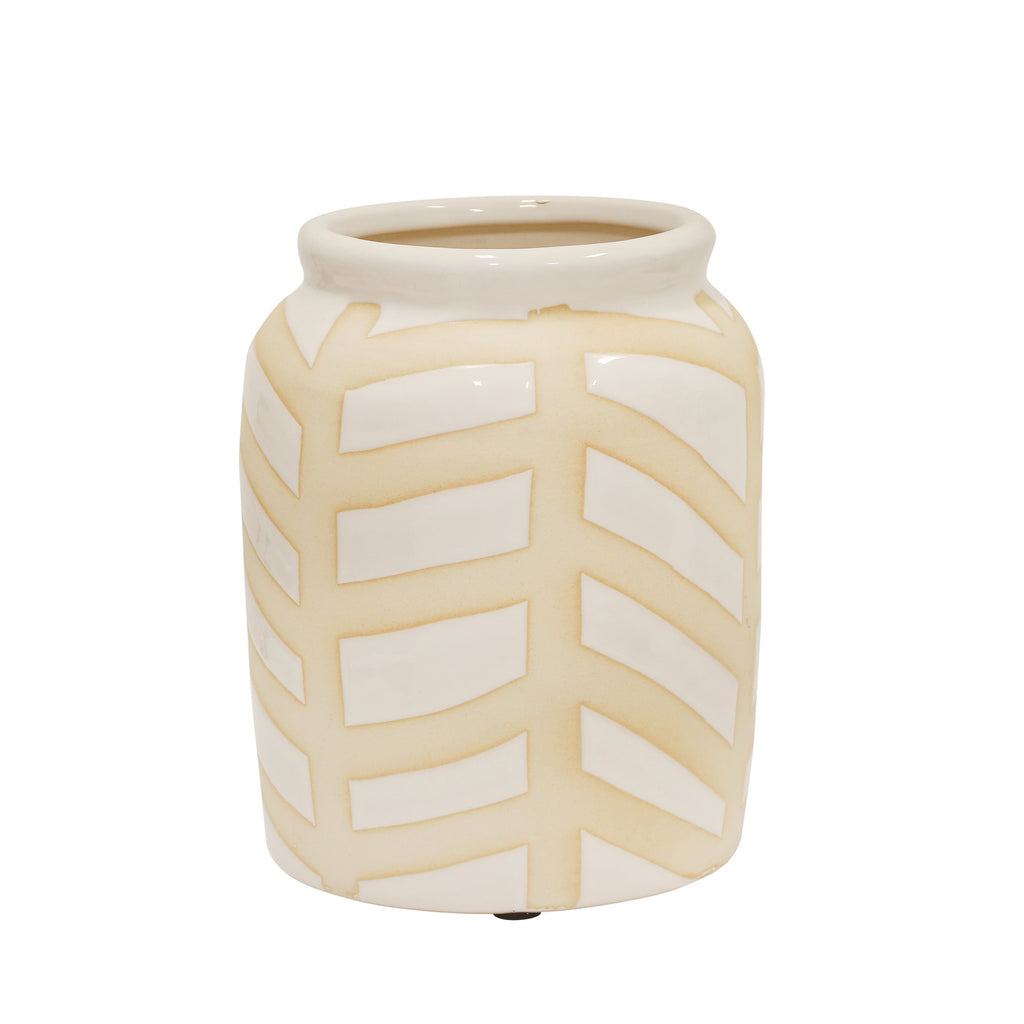 Ceramic Chevron Vase 8.5",  White/Beige - ReeceFurniture.com