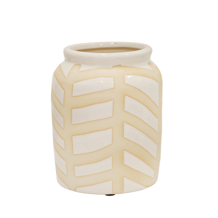 Ceramic Chevron Vase 8.5",  White/Beige