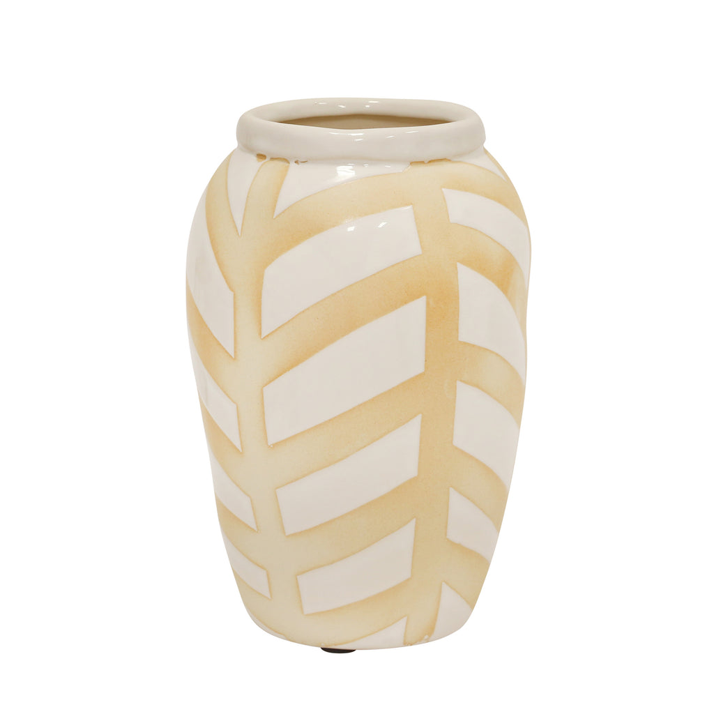 Ceramic Chevron Vase 9",  White/Beige - ReeceFurniture.com