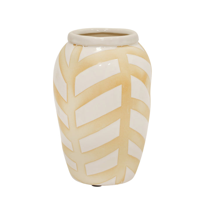 Ceramic Chevron Vase 9",  White/Beige