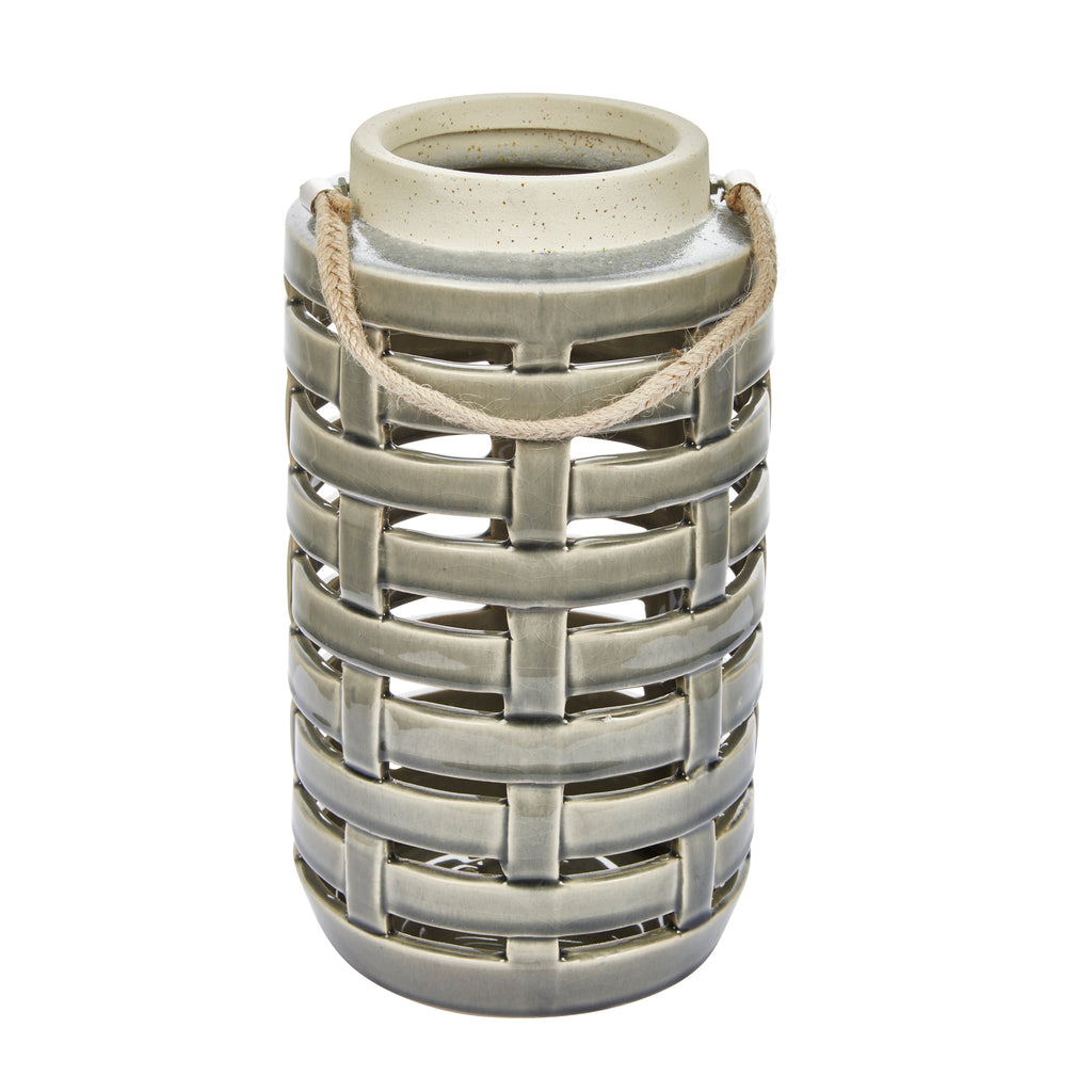 Ceramic Lattice Weave Lantern , 10.75", Gray - ReeceFurniture.com