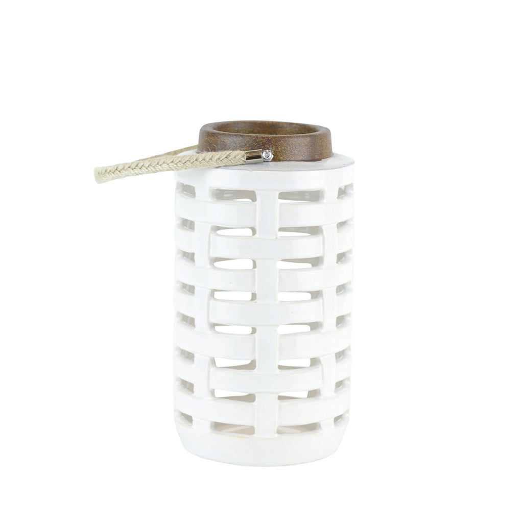 Ceramic Lattice Weave Lantern , 10.75", White - ReeceFurniture.com