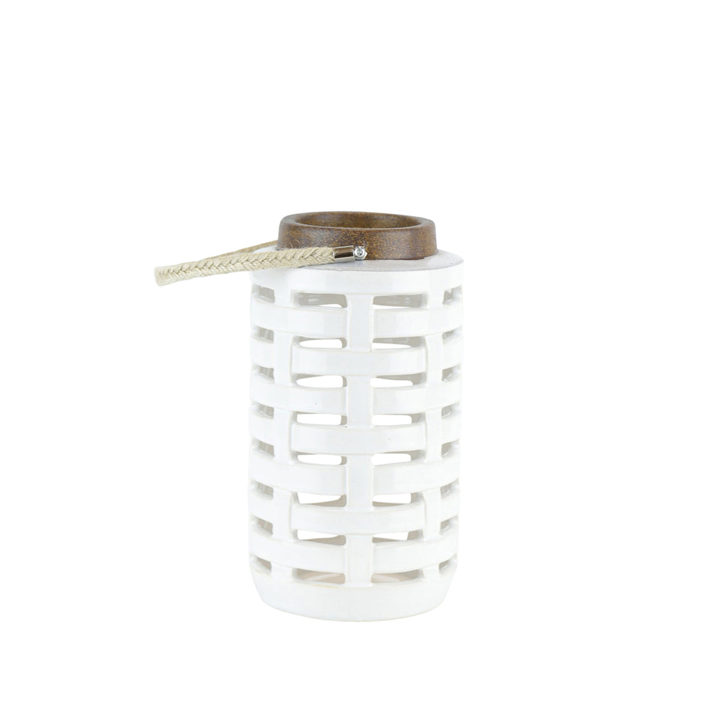 Ceramic Lattice Weave Lantern,8", White - ReeceFurniture.com