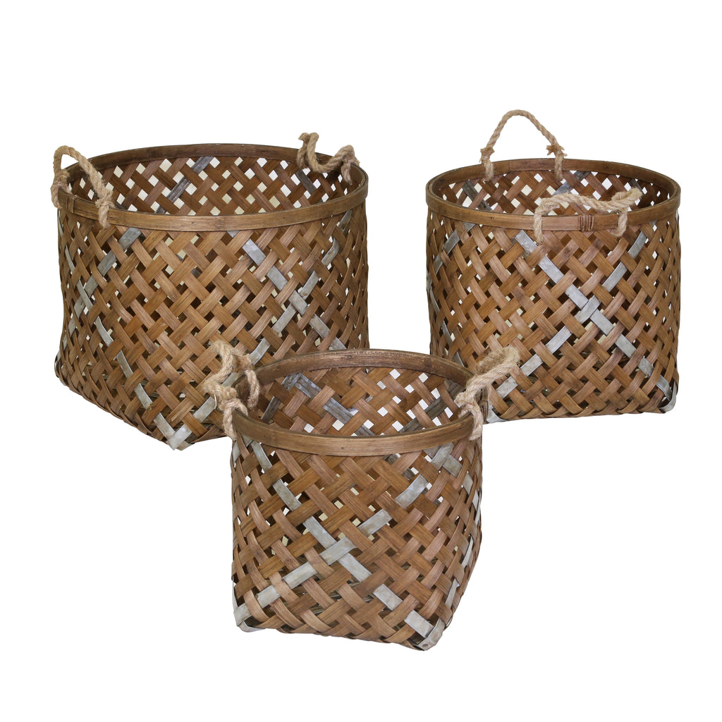 S/3 Woven Round Baskets, Brown - ReeceFurniture.com