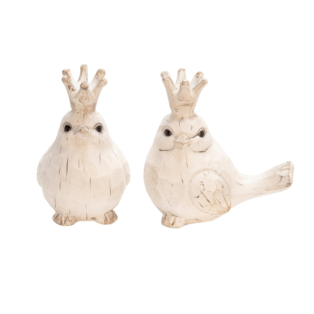 S/2 Resin Birds W/ Crowns, White - ReeceFurniture.com