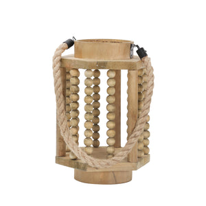 Wood 11" Lantern With Rope Hanger, Brown - ReeceFurniture.com
