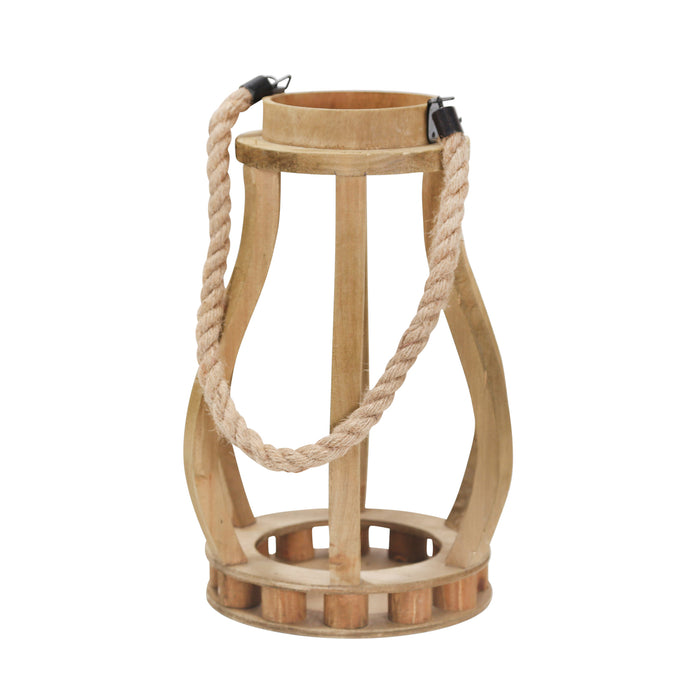 Wood 13.75" Lantern With Ropehanger, Brown