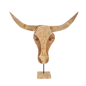 Mango Wood 25" Bull Head On Stand, Brown - ReeceFurniture.com