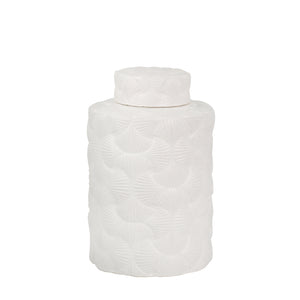 Ceramic 13.5" Shell Embossed Covered Jar, Matte White - ReeceFurniture.com